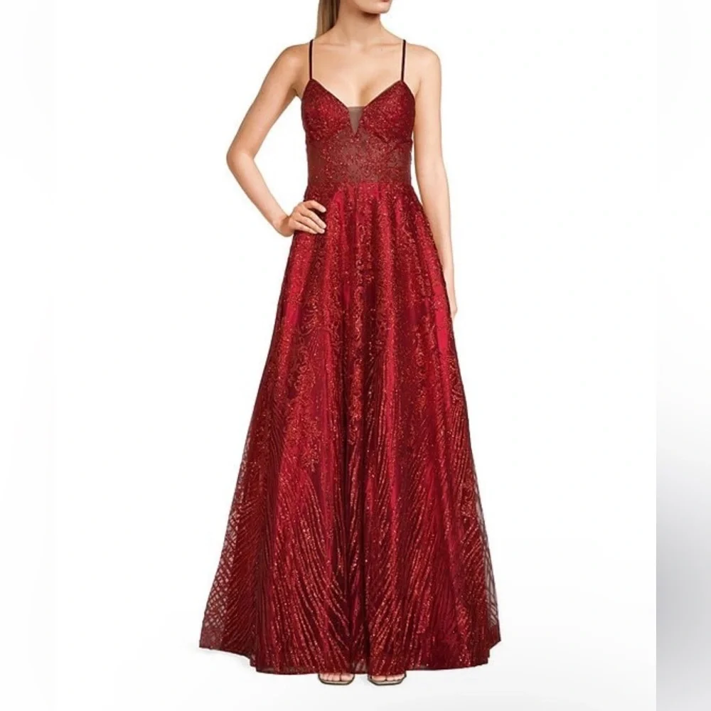 Coya Collection Embroidered Illusion Waist Sparkle A line Dress Burgundy Red - Picture 1 of 4